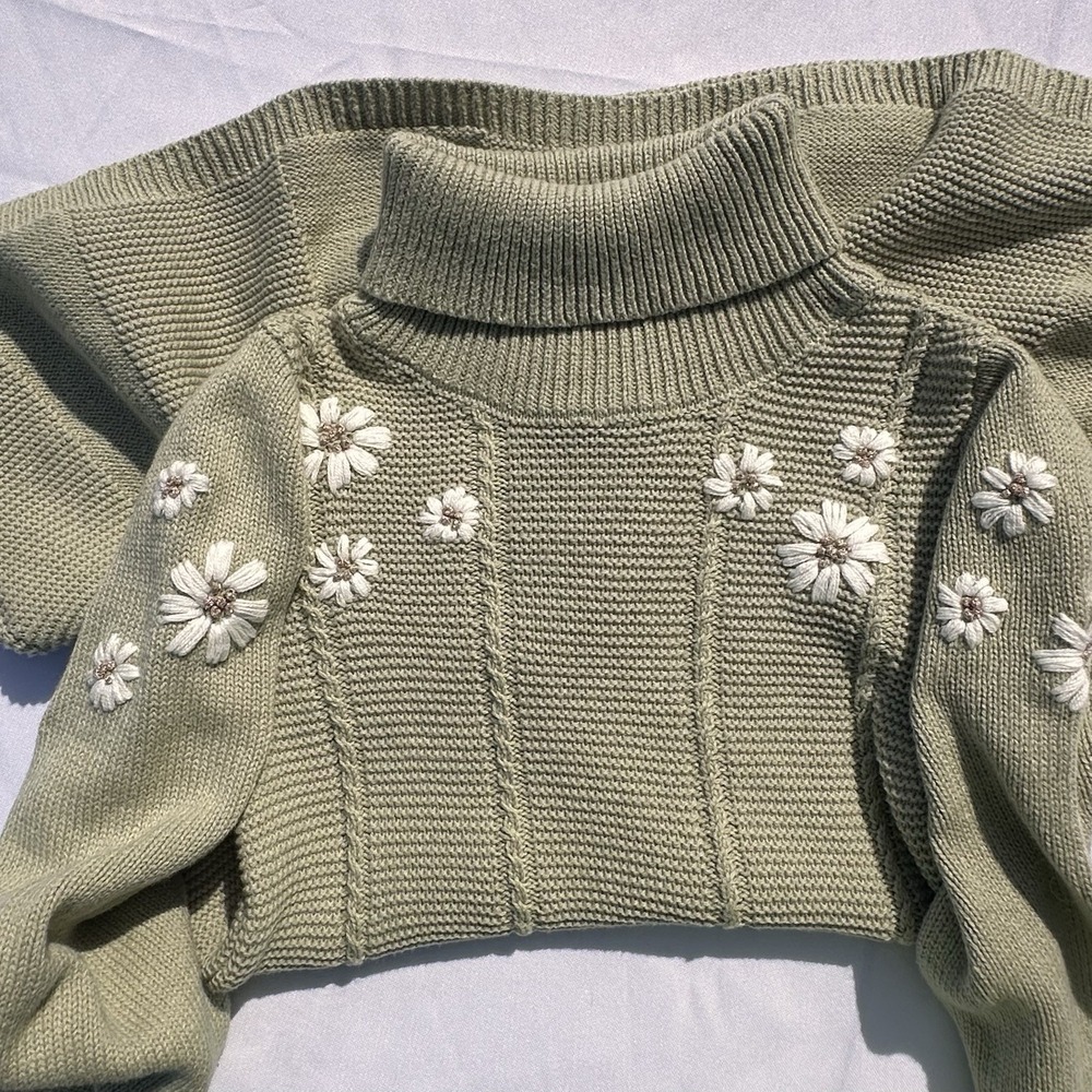 Cupcakes and Cashmere Kids Sage Green Daisy Embroidered Turtleneck Sweater Dress - Picture 3 of 9